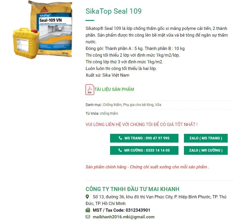 báo giá sikatop seal 109 giá rẻ