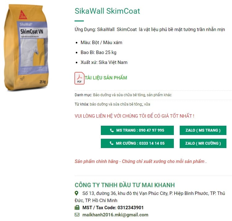 báo giá sikawall skimcoat giá rẻ